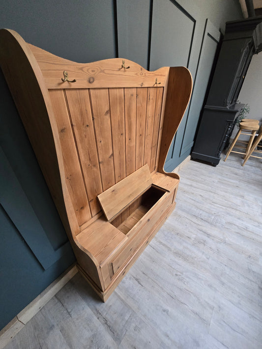 Antique pine settle / monks bench with storage for shoes etc