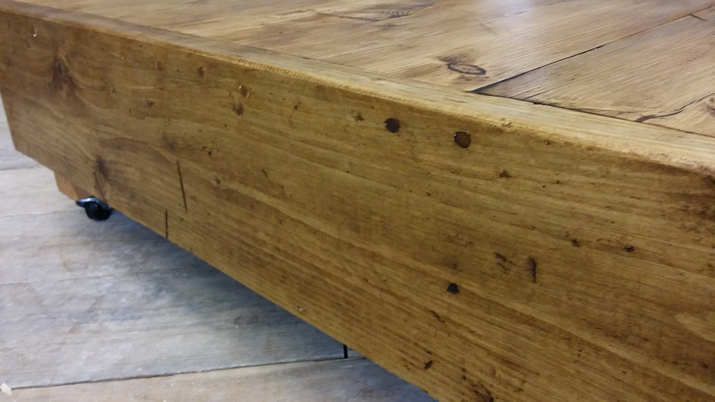 Large square industrial & vintage reclaimed coffee table with dark oak wax - Country Life Furniture - Quality Interiors
