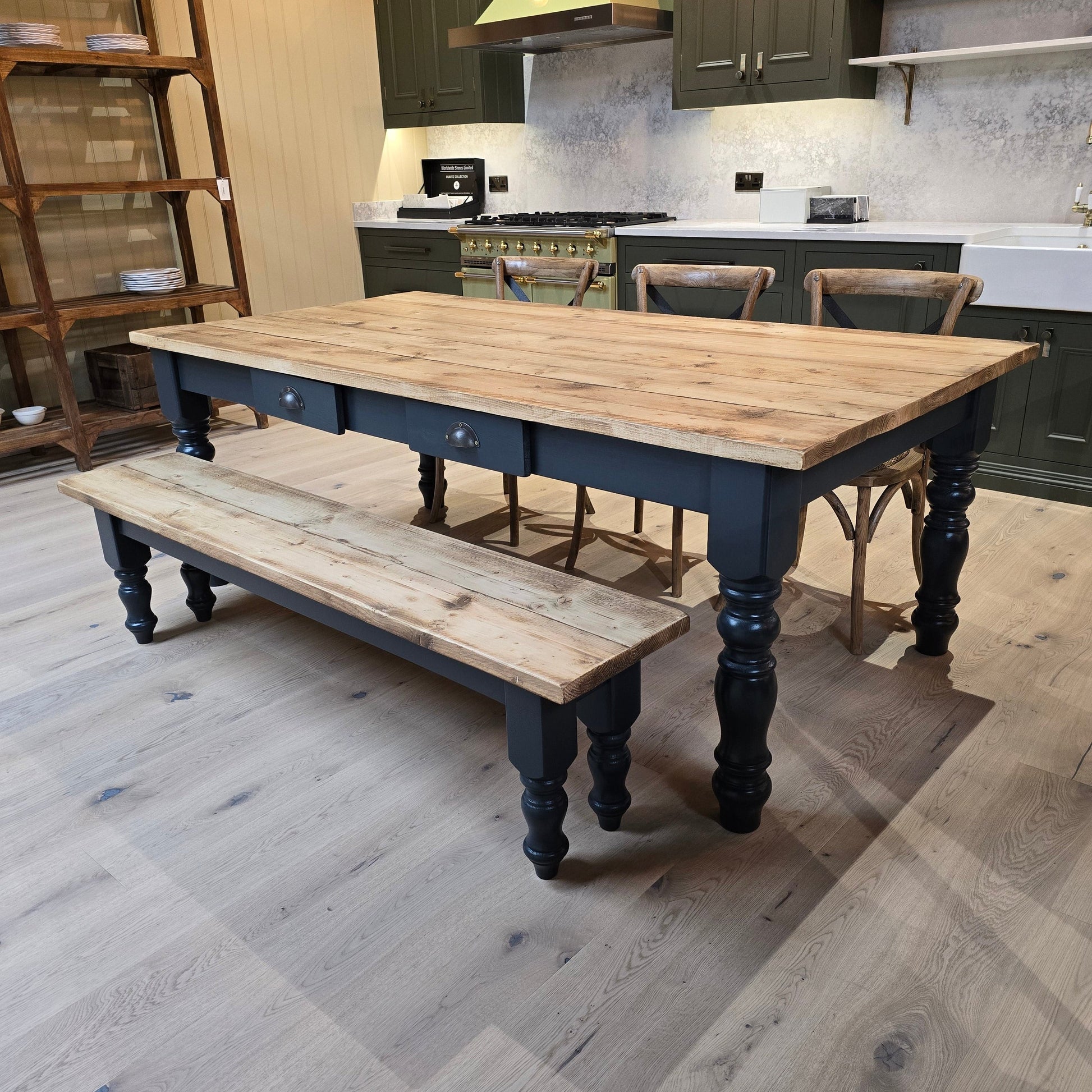 Rustic farmhouse table in colour Railings and  dark oak waxed top