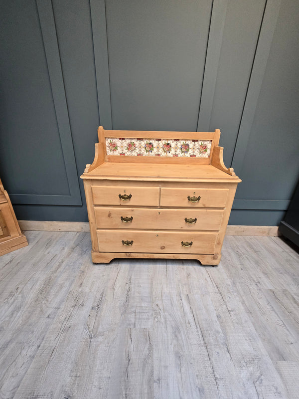 Antique pine chest with victorian tiles