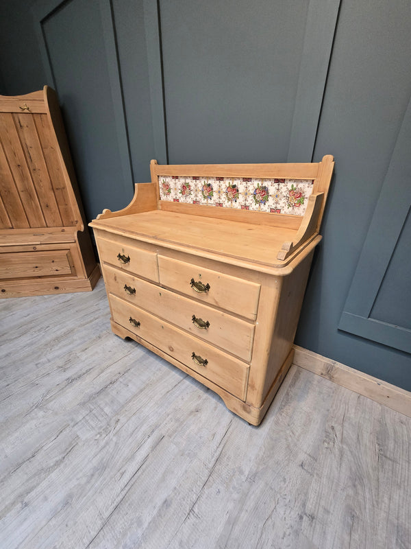 Antique pine chest with victorian tiles