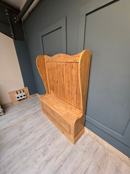 Antique pine settle / monks bench with storage for shoes etc