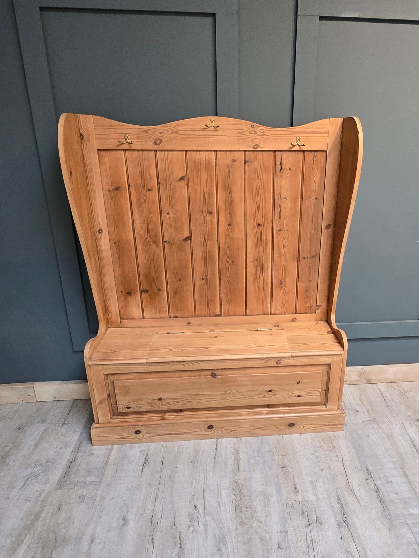 Antique pine settle / monks bench with storage for shoes etc