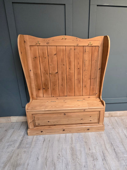 Antique pine settle / monks bench with storage for shoes etc