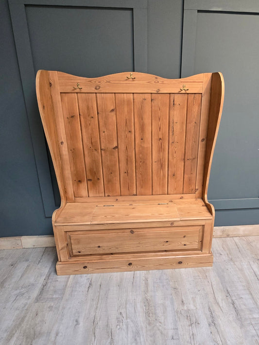 Antique pine settle / monks bench with storage for shoes etc