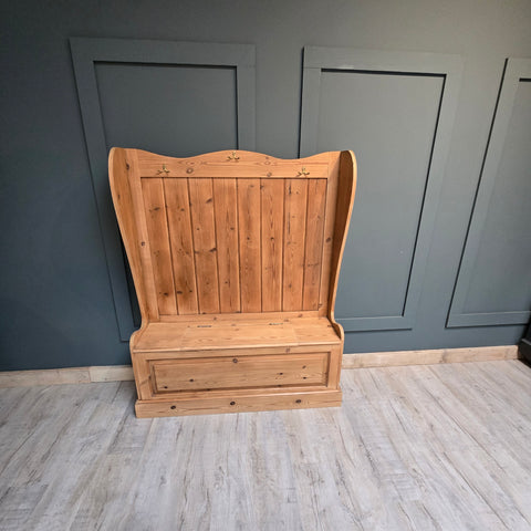 Antique pine settle / monks bench with storage for shoes etc