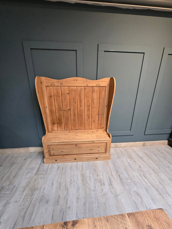 Antique pine settle / monks bench with storage for shoes etc
