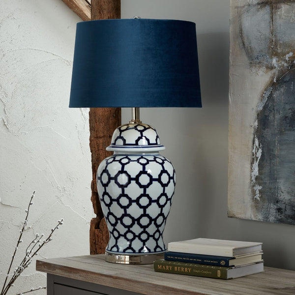 Acanthus Blue And White Ceramic Lamp With Blue Velvet Shade