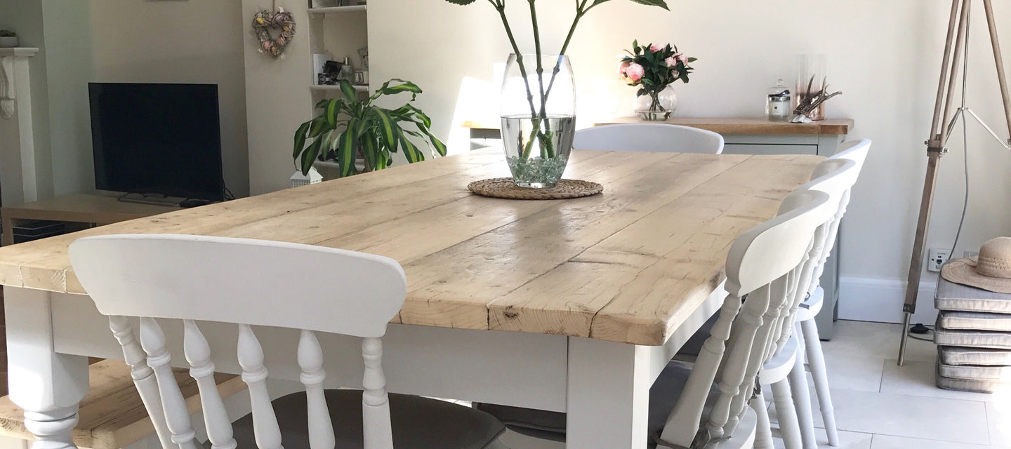 Farmhouse dining table with chairs and bench made from reclaimed wood 