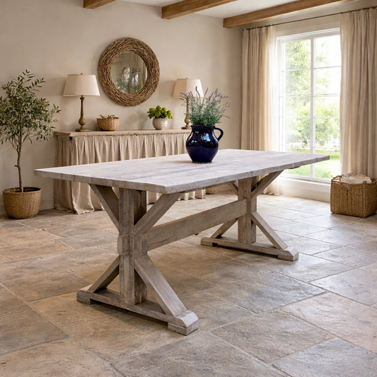 Rustic 
Whitewashed trestle dining table 