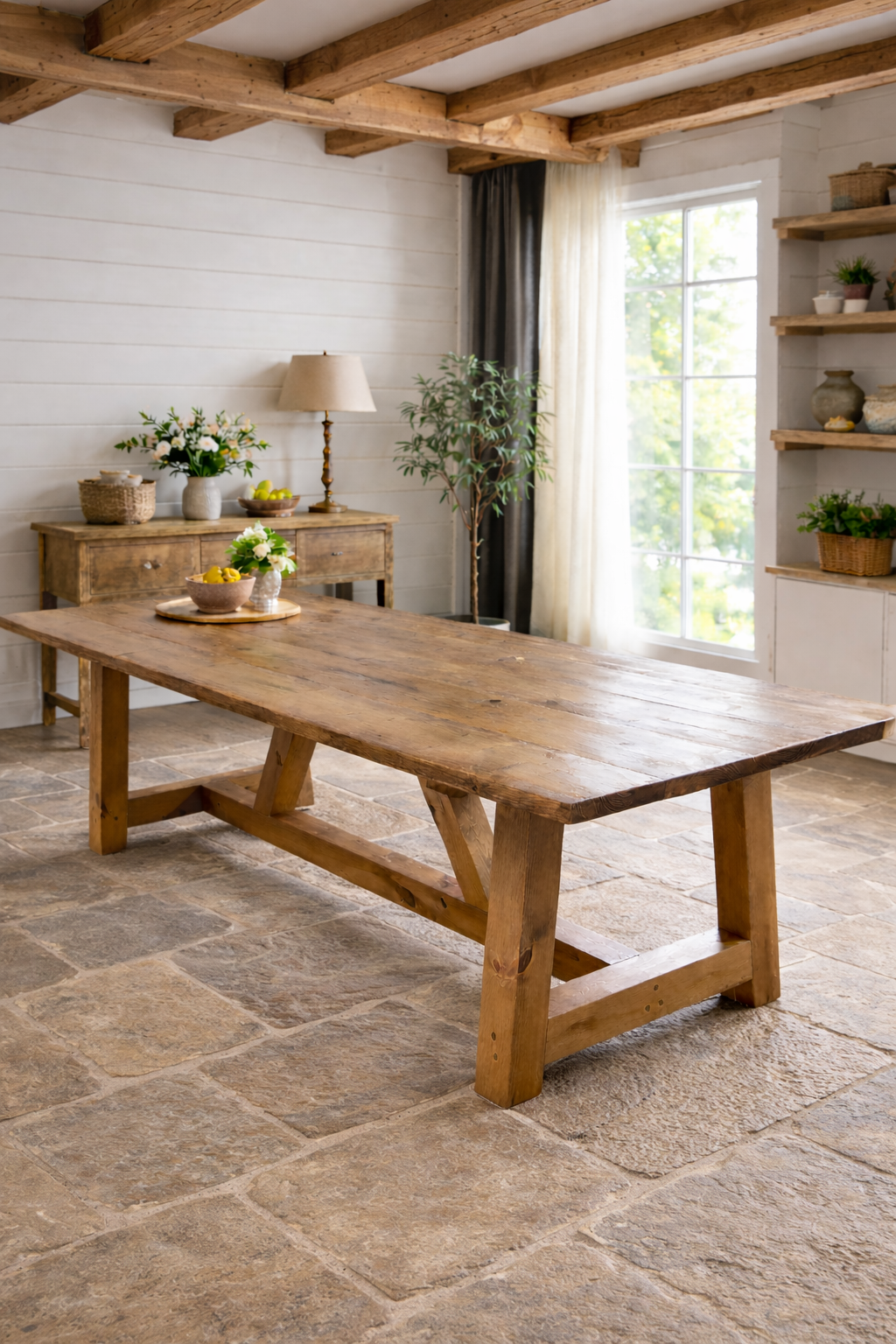 Farmhouse table with a dark oak wax finish and a rustic reclaimed wood top 