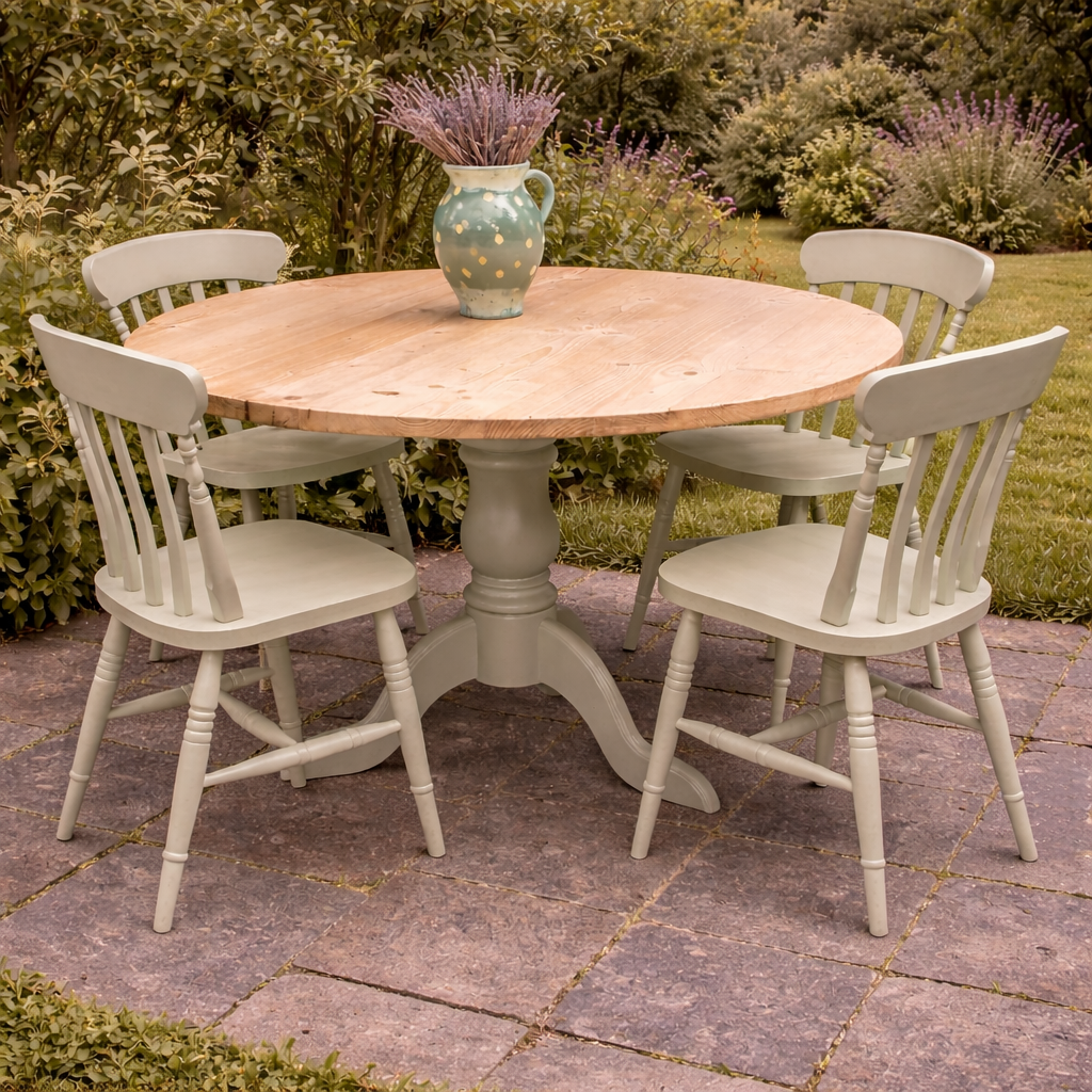 Round farmhouse table and chairs painted in sage green 