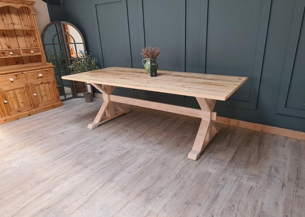 The 'Oxford' trestle table with natural rustic top and whitewashed base all made entirley from reclaimed wood