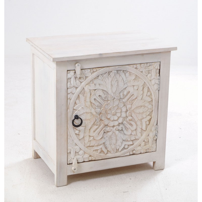 White Carved One Door Side Table