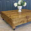 Large square industrial & vintage reclaimed coffee table with dark oak wax - Country Life Furniture - Quality Interiors