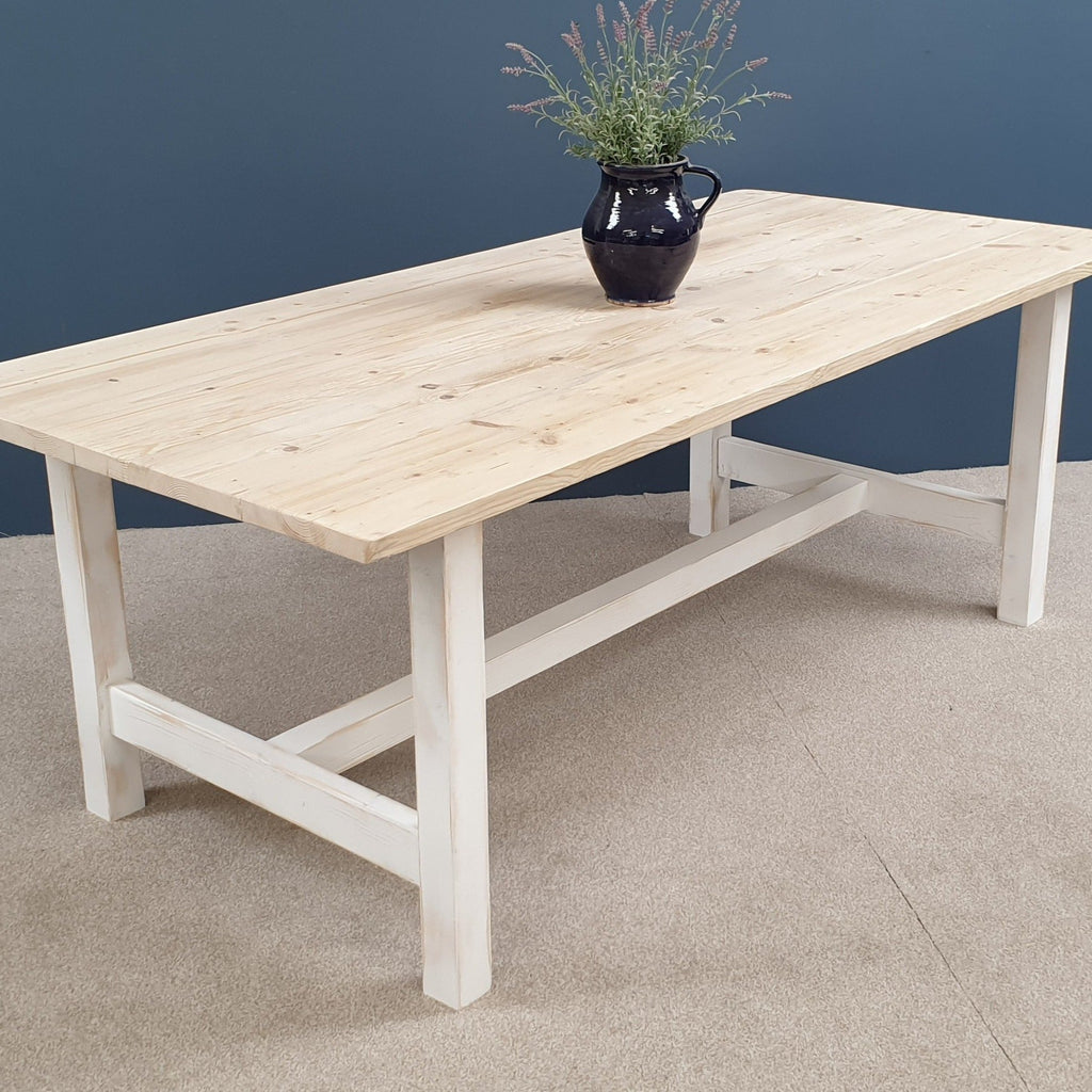 The 'Norfolk' Reclaimed Farmhouse Table with white distressed square legs painted in a colour of your choice