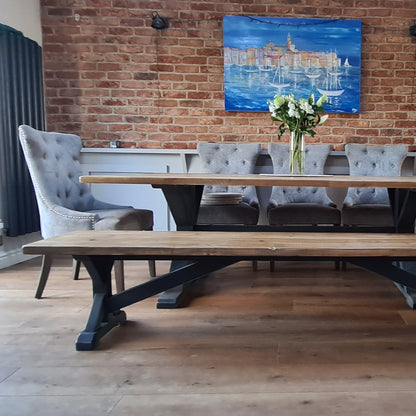 Cross Frame Trestle Table (pictured with the rustic pine finish)