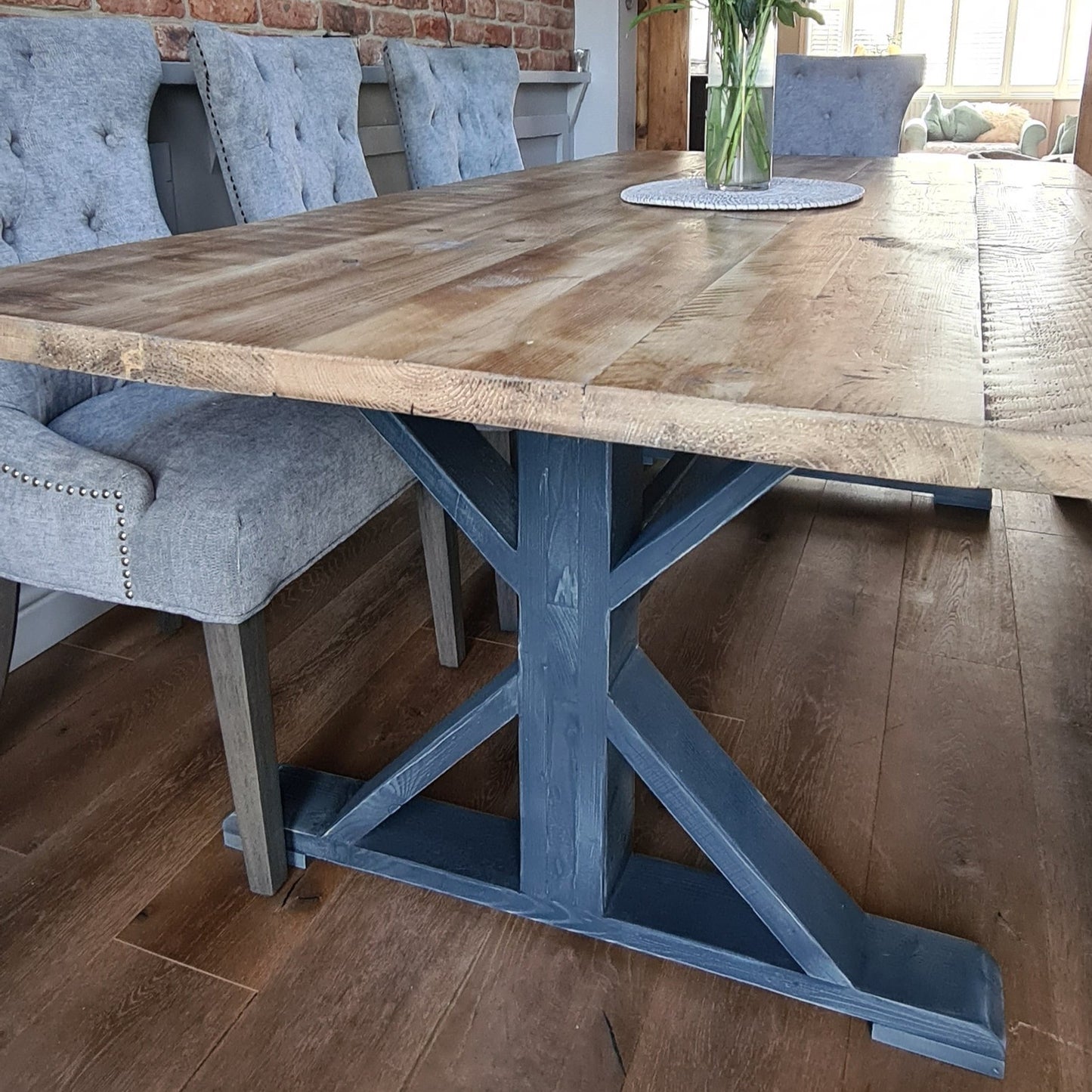 Cross Frame Trestle Table (pictured with the rustic pine finish)