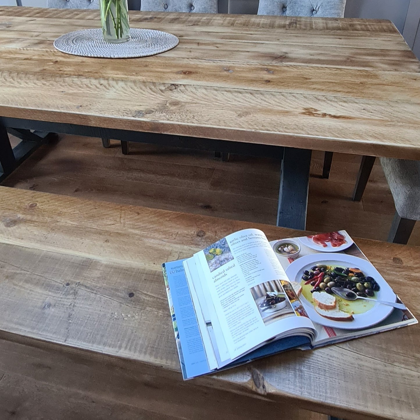Cross Frame Trestle Table (pictured with the rustic pine finish)
