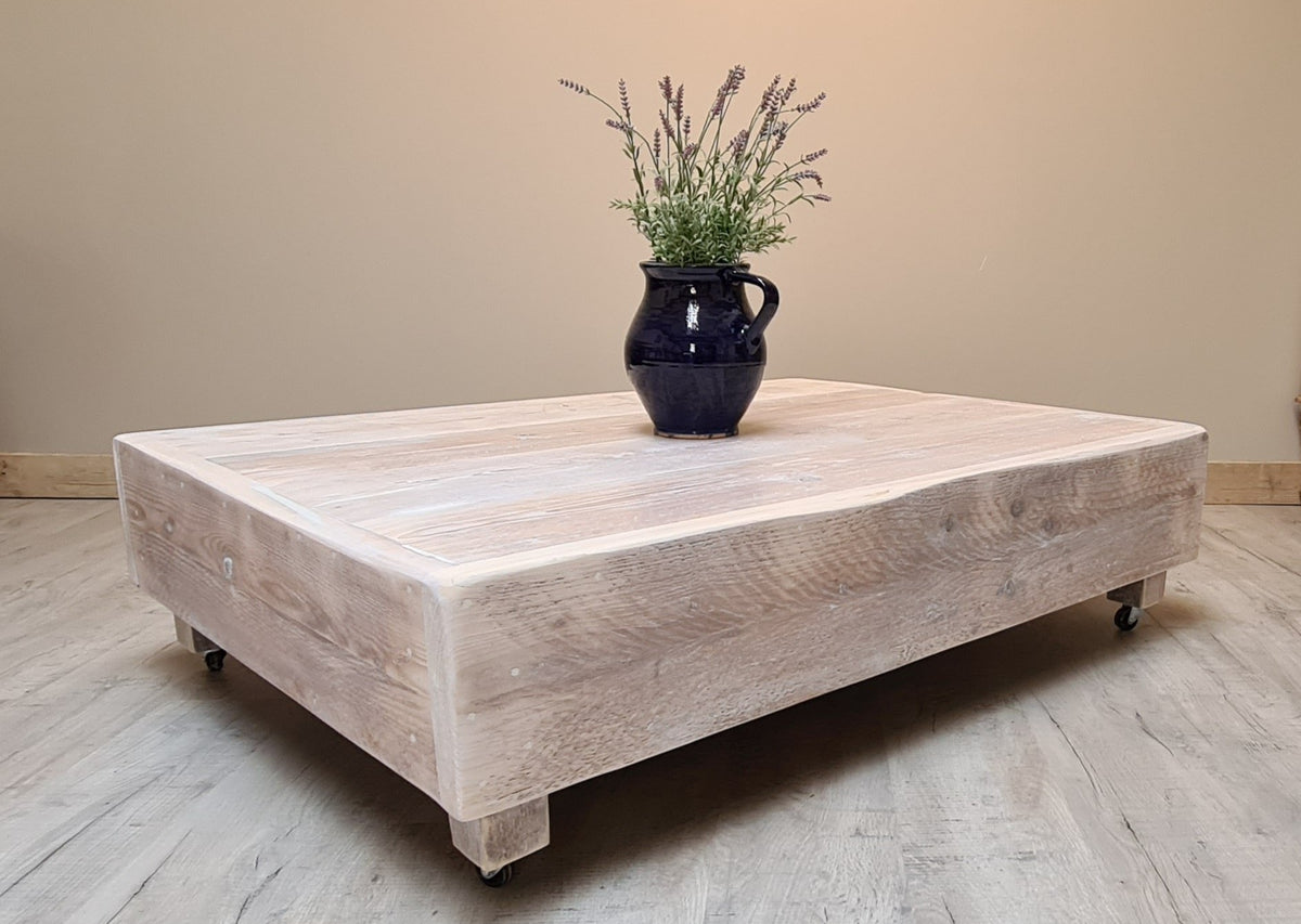Whitewashed box shaped reclaimed coffee table