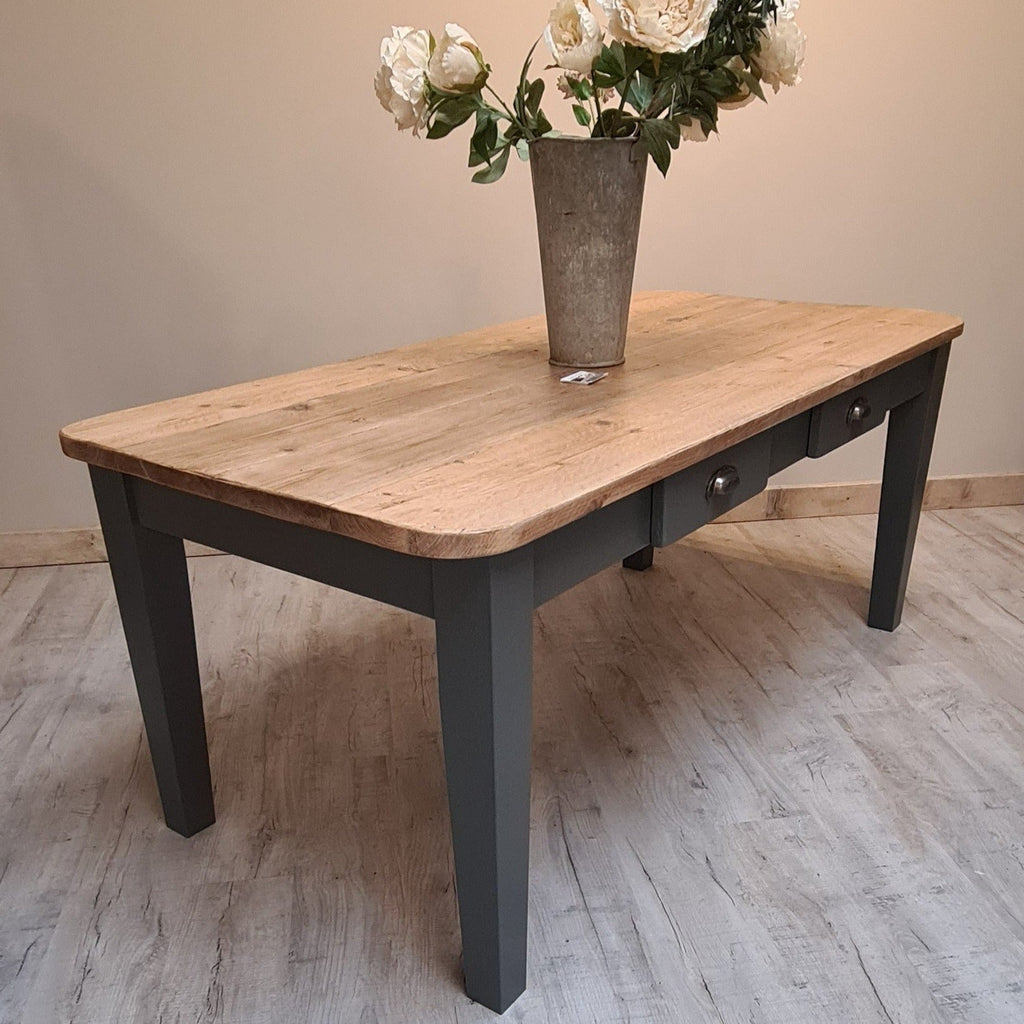 The 'Winchcombe' vintage style Farmhouse table with tapered legs and rustic clear waxed top with rounded corners - Prices start from £399