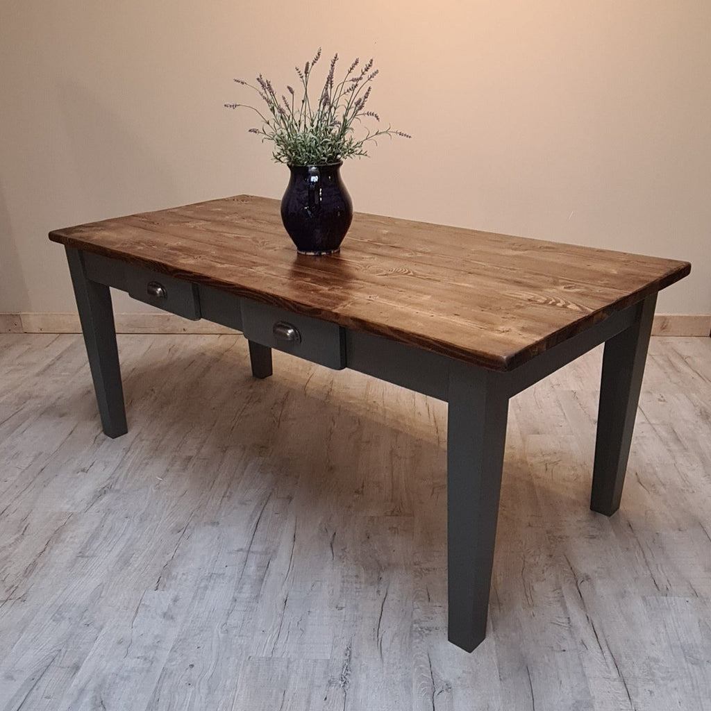 Rustic dark oak farmhouse table with tapered legs  painted in 'Railings'