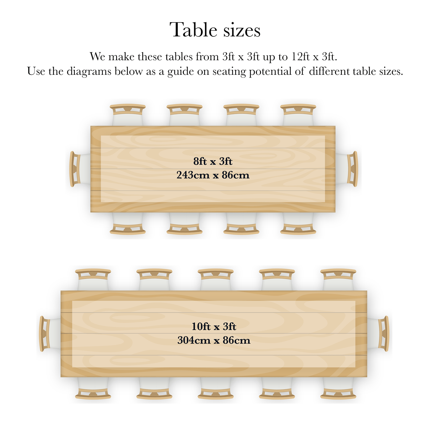 Diagrams to show seating potential of larger rectangular table sizes 