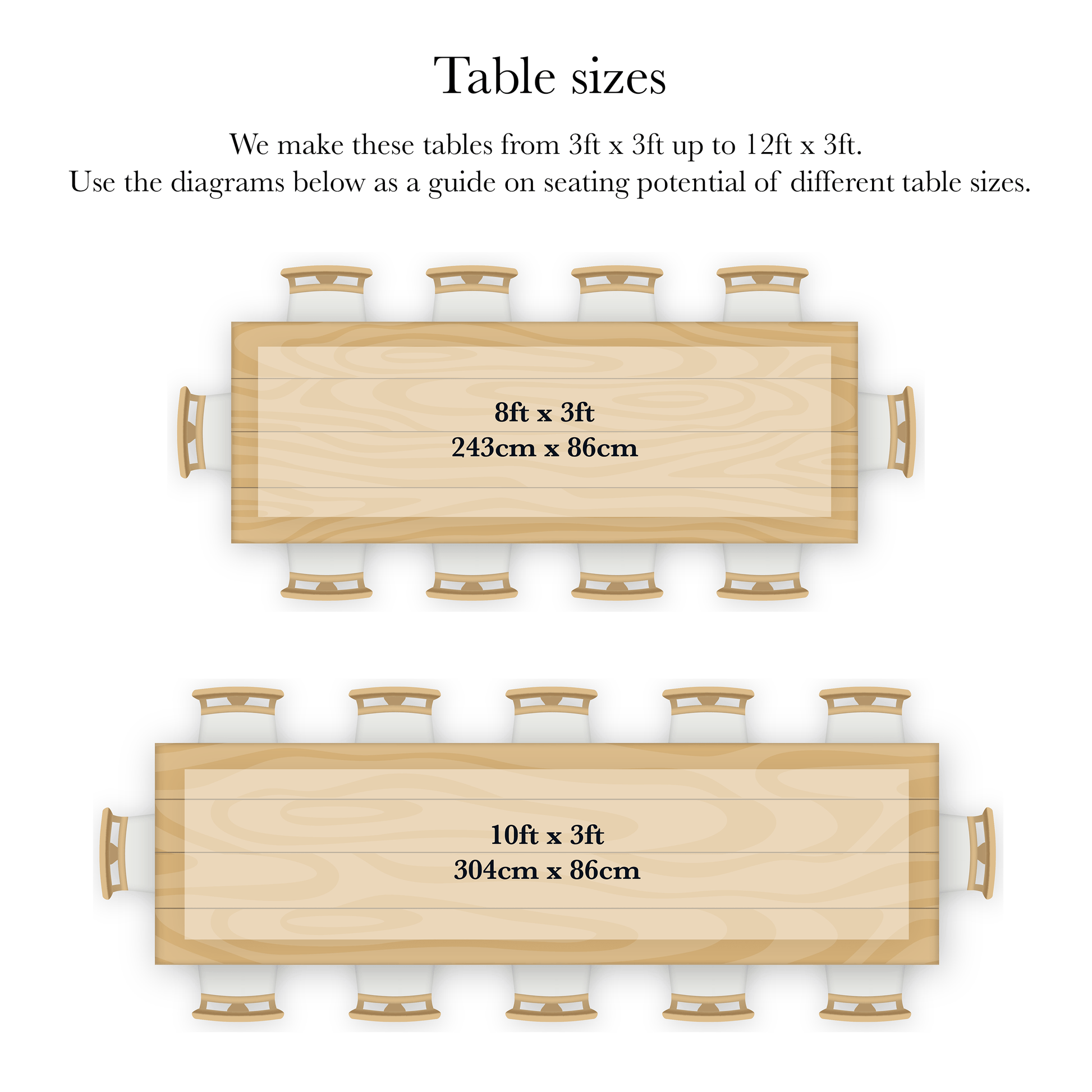 Diagrams to show seating potential of larger rectangular table sizes 