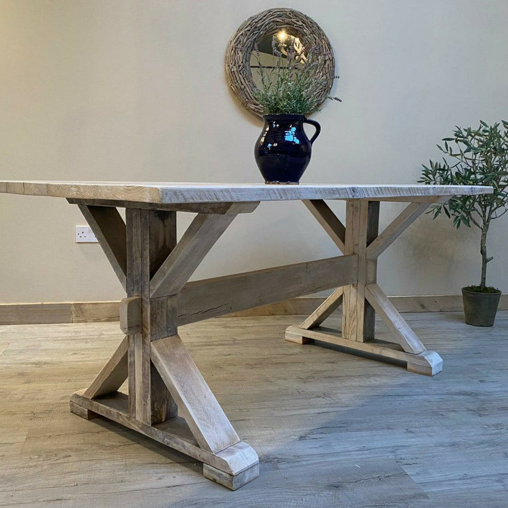 Limewaxed Distressed Trestle Table - Made from reclaimed wood - Any colour or size